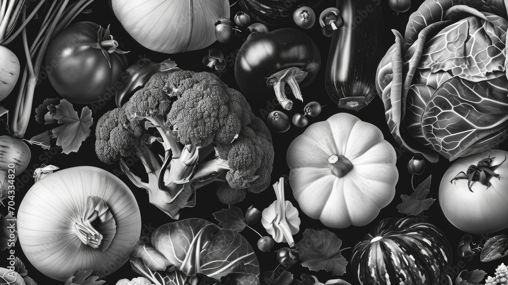Poster a black and white photo showcasing a variety of vegetables. ideal for adding a touch of simplicity a
