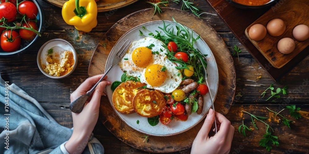 Poster a person is holding a knife and fork over a plate of food. this image can be used to represent dinin