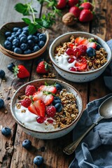 A picture of two bowls filled with creamy yogurt topped with fresh strawberries and blueberries....