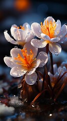 Winter crocus flower covered by snow evening sun AI generated