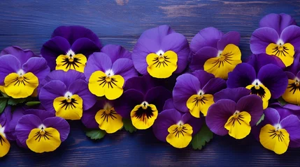 Muurstickers A cluster of purple pansies with their velvety petals on a solid yellow canvas. © Its Your,s