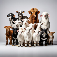 Variety of Farm Animals in Front of White Background