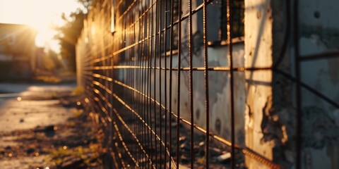 A detailed view of a fence situated near a building. This image can be used to depict urban architecture or to convey the concept of security and boundaries - obrazy, fototapety, plakaty