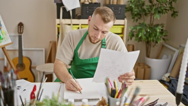 Concentrated young caucasian man sketching in a creative studio setting.