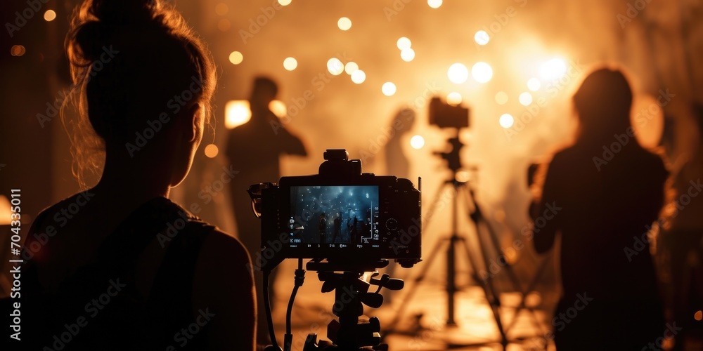 Poster a woman standing confidently in front of a camera mounted on a tripod. perfect for capturing profess