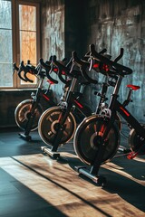 A row of stationary bikes in a gym. Perfect for fitness and health-related content