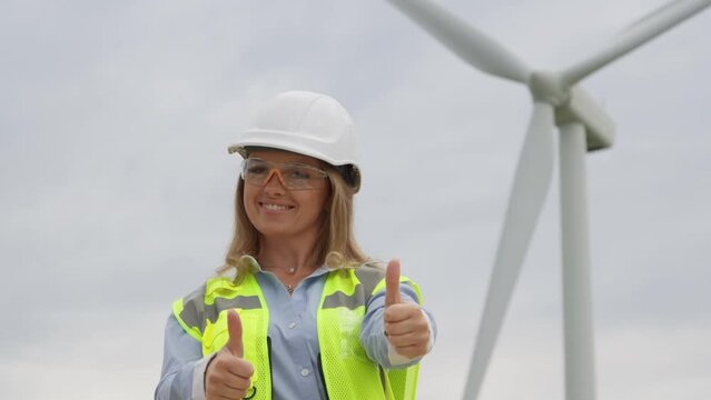 Quality mark. A professional woman plans to place turbines at a power plant where wind is a key source of alternative energy. Concept: quality, done, done, super, yes, approval