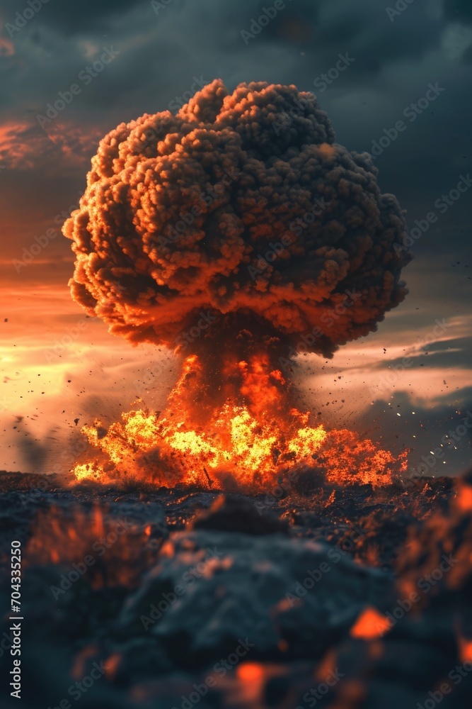 Poster A dramatic display of a large explosion of smoke and fire in the sky. Perfect for capturing the intensity and power of an explosive event. Ideal for use in action-packed projects and dynamic visuals