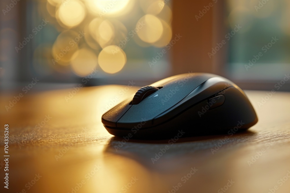 Aufkleber A computer mouse sitting on top of a wooden table. Perfect for illustrating technology or workspace concepts