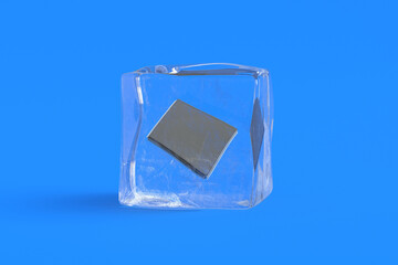 Microchip in ice cube. 3d illustration