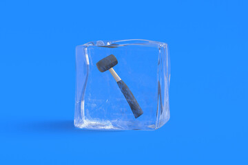 Rubber mallet in ice cube. 3d illustration