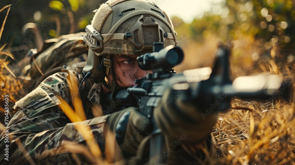 Poster a soldier standing in a field with a rifle. ideal for military or war-related concepts