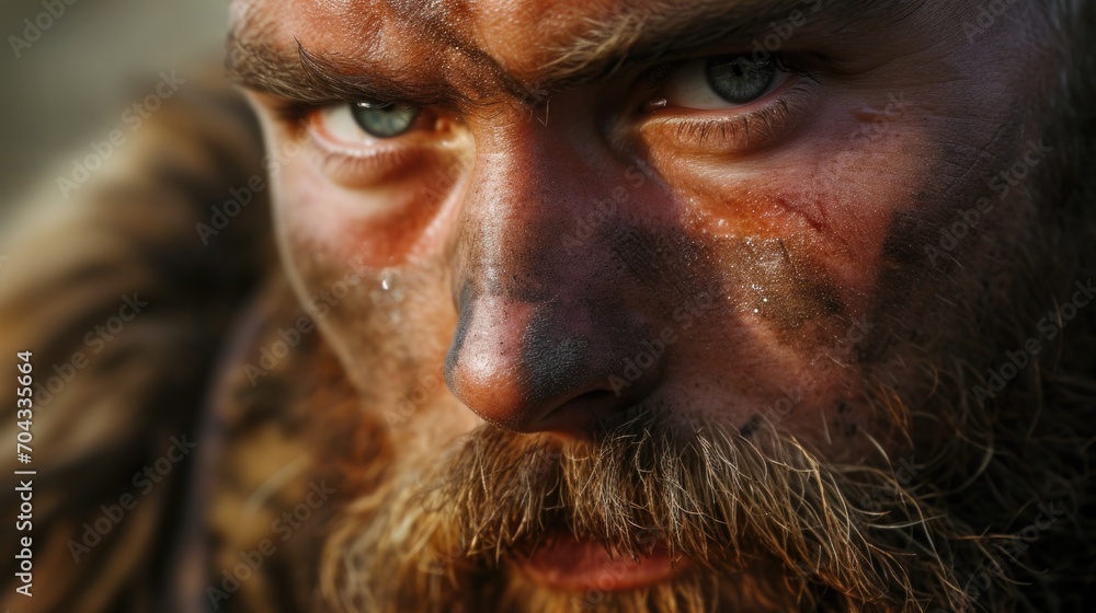 Poster a close-up photograph of a man with a beard. this image can be used to portray masculinity, ruggedne