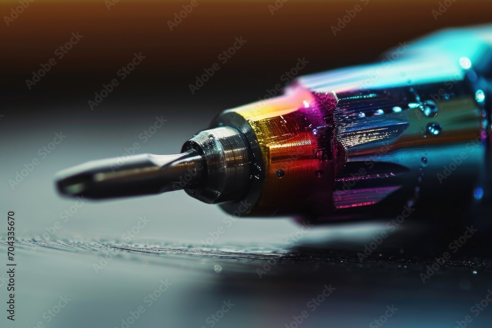 Poster a detailed view of a multicolored pen resting on a table. versatile and useful for various creative 