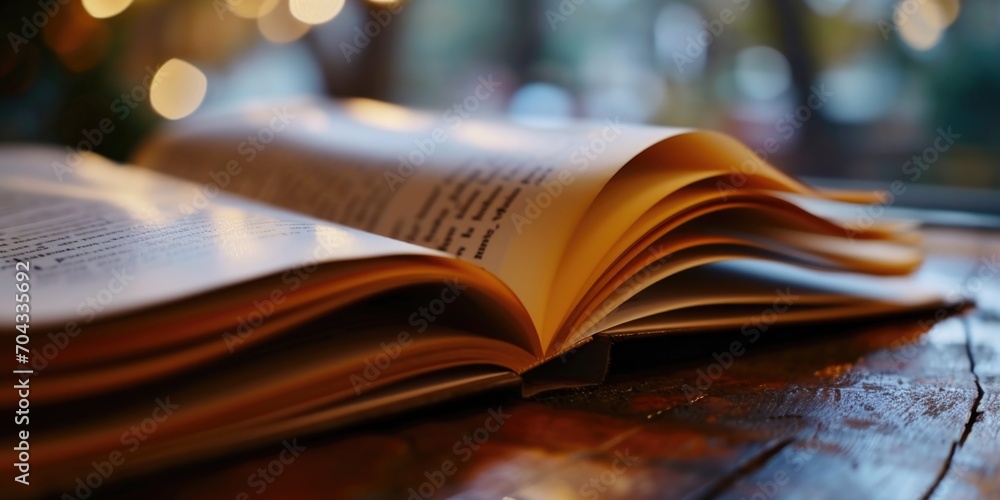 Poster an open book sitting on top of a wooden table. perfect for educational or reading-related content