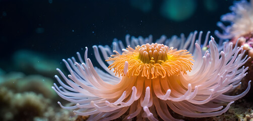 Naklejka na ściany i meble Flower sea living coral and reef color under deep dark water of sea ocean environment.
