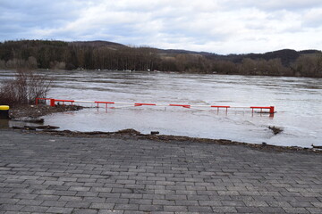 Rhine flood at Bad Breisig 2024, flooded waterfront park
