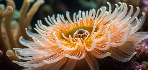 Fototapeta na wymiar Flower sea living coral and reef color under deep dark water of sea ocean environment.