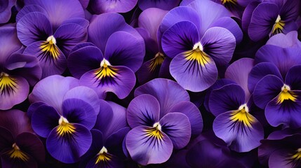 A cluster of purple pansies with their velvety petals on a solid yellow canvas.