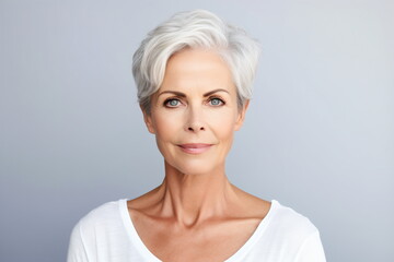 Portrait of a beautiful middle-aged woman with short gray hair and blue eyes