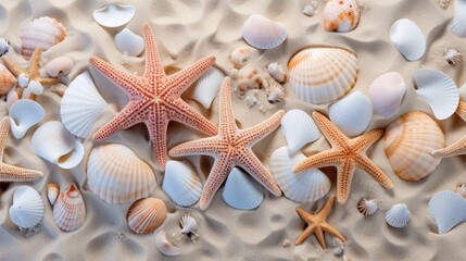 Fototapeta na wymiar A cluster of seashells and starfish scattered on a sandy beach.