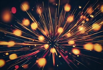 Abstract background of glowing light bursts with bokeh effects in a radial pattern, resembling fireworks or a cosmic event.