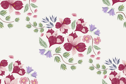 Floral pattern seamless background border .Pastel pink blue flowers Ikat design paisley embroidery with floral motifs. Ethnic pattern oriental traditional. Spring summer flower vector illustration.