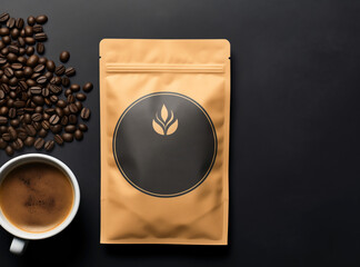 Packaging mockup. A template with a ready-made minimalistic design. Empty space for logo, text and fonts. Advertising and presentation of products, printing. Coffee, grains, Neutral background.
