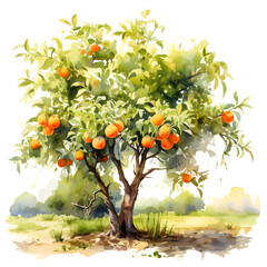Watercolor painting of an orange tree on a white background.