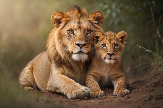 New beautiful well focused modern trending best selling good photograph landscape photo of a cute little cub with its father looking at the camera