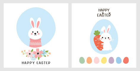Happy Easter cards with bunny rabbit cartoons, Easter eggs and carrot on white backgrounds vector illustration.