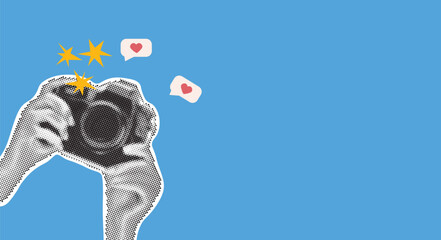 Hands holding vintage photo camera on blue background. Social Media. Trendy halftone style. Collage design in trendy retro 90s magazine style