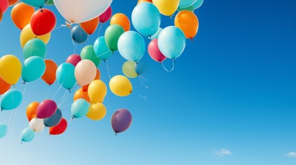 A collection of balloons in a variety of bold colors floating against a clear sky.