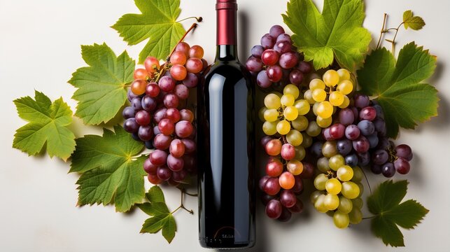 Red and white grapes with a bottle of red wine