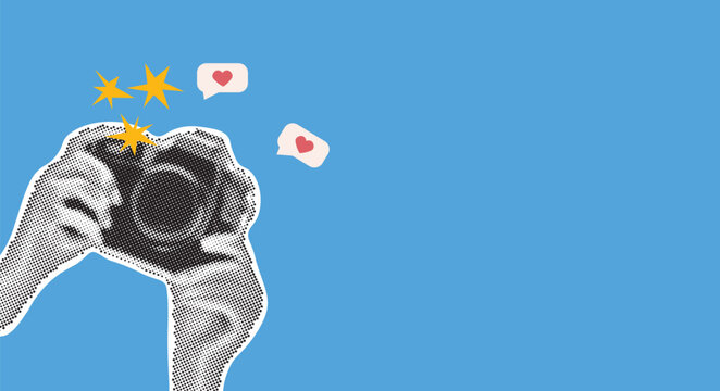 Hands holding vintage photo camera on blue background. Social Media. Trendy halftone style. Collage design in trendy retro 90s magazine style