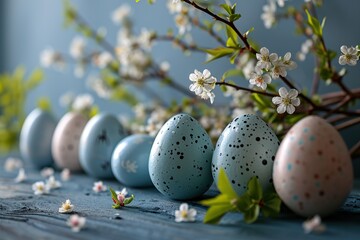 Easter eggs - pastel colored eggs with cherry blossoms 
