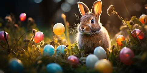  an easter spring background with the easter bunny and colorful eggs on green grass in a garden