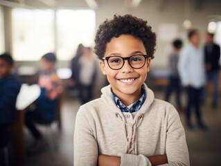 smiling elementary school student standing in classroom with arms crossed.
