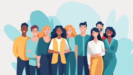Obraz premium Group of abstract diverse people. Friends or coworkers are standing, hugging, posing together. Cartoon characters. Teamwork, togetherness, friendship concept. Hand drawn colorful Vector illustration.