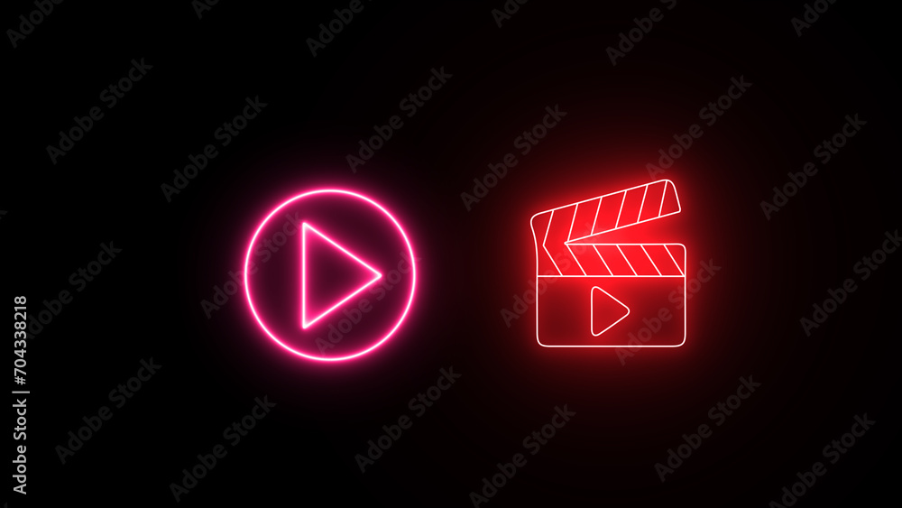 Poster neon play button with clapperboard icon on black background. start button with clapboard. glowing ne