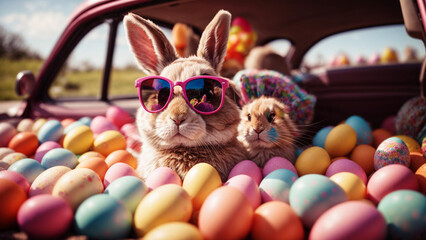 Easter Bunny weared sunglasses on a car looking at from  a mirror with Easter eggs, easter background bunny