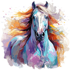 Watercolor painting of a horse with happy colors on a white background with a long mane, vector. We have a white background.