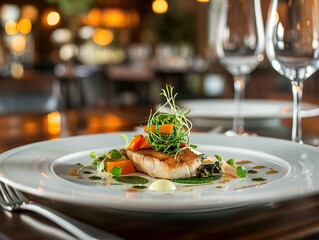 A gastronomic photograph of a dining experience showcasing a visually appealing and perfectly plated dish. Food Photography