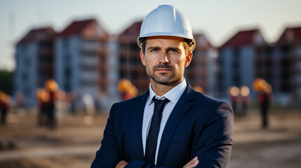 Portrait of a man builder in a helmet on the construction site, concept of civil engineering
