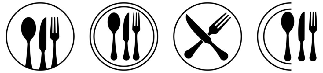 Set of dinner service icons. Fork, knife, spoon and plate icons. Vector illustration