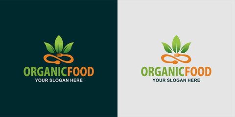 healthy food logo, emblem, sticker design with spoon,fork and leaf elements.
