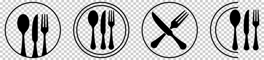 Tableware set icons. Fork, knife, spoon and plate icons. Vector illustration isolated on transparent background - obrazy, fototapety, plakaty