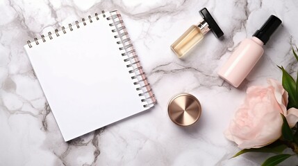 Stylish Flat Lay with Beauty Essentials: Modern Makeup Composition for Fashion Bloggers and Beauty Influencers