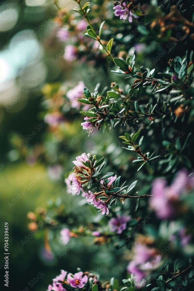 Poster a detailed shot of a bush with vibrant purple flowers. perfect for adding a pop of color to any proj
