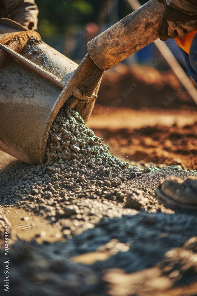 Poster a man is pouring cement into a bucket on a construction site. this image can be used to depict const